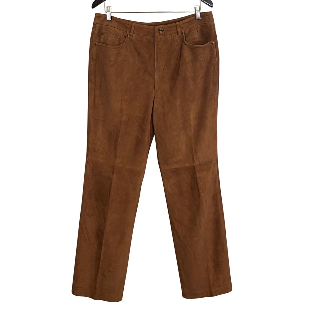 Talbots Womens Brown Suede Leather Straight Leg Pants Size 14 Cognac 5-Pocket